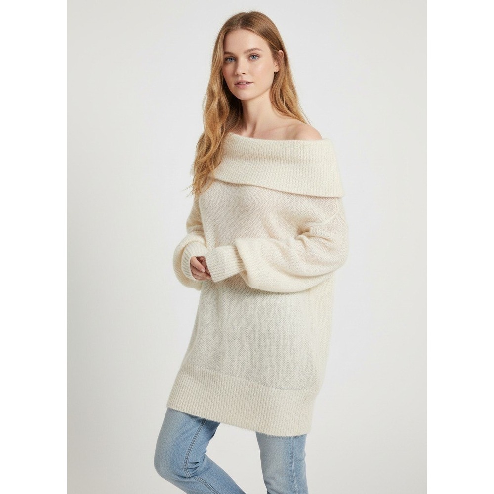 Free People Alpaca Ophelia Sweater Off Shoulder Oversized Cream Coquette Boho M